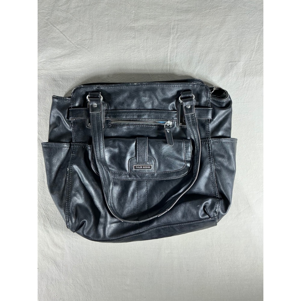 Tyler Rodan Black Faux Leather Tote Bag Floral Lining Multi Pocket Laptop Bag